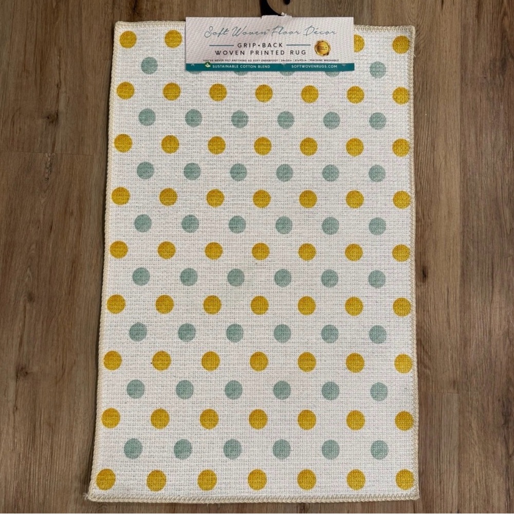 Great Finds Lemon Polka Dot Rug 2x3 Grip Back Washable Yellow White Teal NWT
